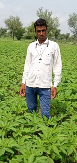 Farmer standing in a lush green field under a clear sky.