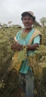 Smiling farmer standing in green fields.