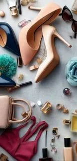 Flat lay of elegant fashion accessories with shoes and perfume.