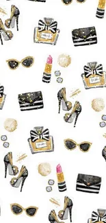 Chic mobile wallpaper with fashion elements in black, gold, and white pattern.