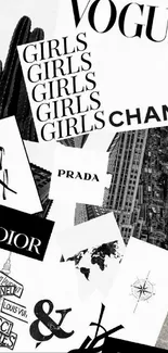 Black and white luxury fashion collage wallpaper with brand names.