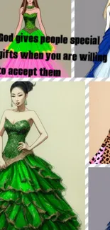 Fashion collage wallpaper with elegant dresses and an inspiring quote.