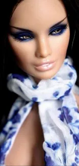 Fashion doll portrait with floral scarf and bold makeup.