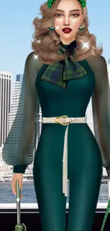 Fashion stylist game wallpaper with city skyline and stylish characters.