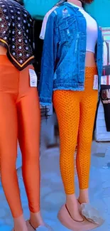 Mannequins displaying vibrant orange leggings and denim jacket fashion.