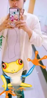 Selfie with cartoon frog and stylish phone cover.