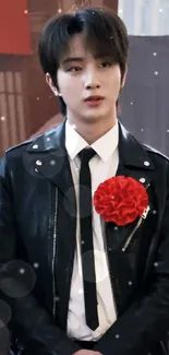 Person in a black leather jacket with a red flower accessory, stylish portrait.