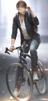 Trendy cyclist wearing stylish attire on a sleek bicycle against a modern urban backdrop.