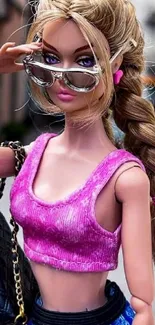 Fashionable doll with pink top and braided hair in urban setting.