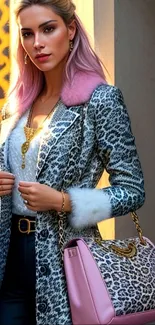 Chic mobile wallpaper with a trendy leopard print jacket and pink accents.