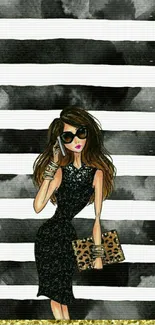 Chic woman art on black and white striped wallpaper.