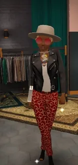 Virtual avatar in a chic outfit with hat and stylish pants.