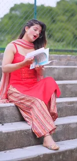 Woman in vibrant red outfit reads outdoors, sitting on steps.