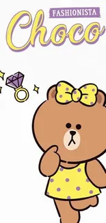 Fashionista Choco cartoon bear in a yellow polka dot dress with a bow.