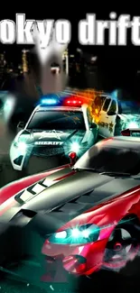 High-speed car chase at night with Tokyo drift theme and vibrant red, black colors.