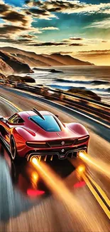 Fast car driving on a scenic coastal road at sunset.