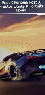 Sleek sports car racing towards sunset with a vibrant sky in the background.