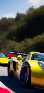 Dynamic yellow racing cars speeding on track.