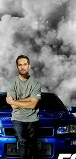 F9 Fast Saga wallpaper with blue car and smoke backdrop.