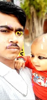 Father holding baby with doodle art and bright colors.