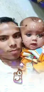 Father holding baby with digital tech effects.