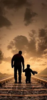 Father and child walking on railway tracks at sunset against a dramatic sky.