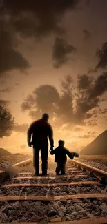 Father and child walking on railway under sunset sky.