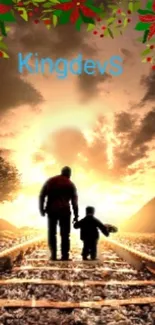 Father and child walk on tracks at sunset, orange sky.