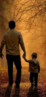 A father and child walking on an autumn forest path.