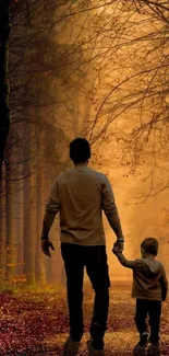 Father and child walking through golden autumn forest.