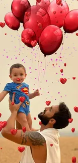 Father lifting child with balloons on sunny beach.