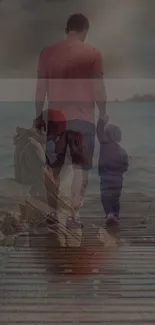 Father and child walking on a beach boardwalk.