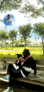 Father and child sitting on a park bench with surreal sky element.