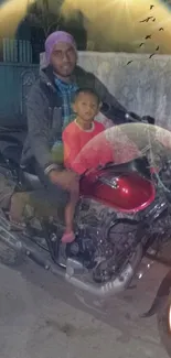 Father and child enjoying a night motorcycle ride.