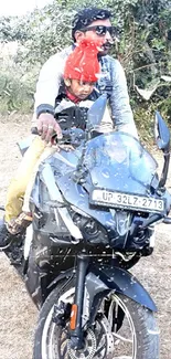 Father and child on a black motorcycle outdoors.