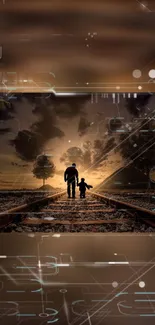 Father and child walking on railway at sunset with digital overlays.