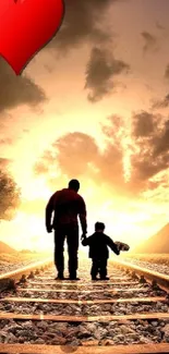 Father and child at sunset on train tracks with red heart.