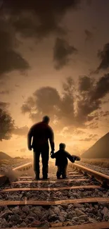 Father and child silhouetted on railway tracks at sunset.