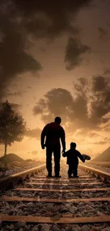 Father and child walking on tracks at sunset.