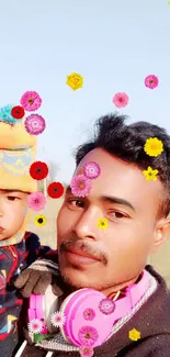 Father holding child outdoors in colorful attire, set in a natural background.