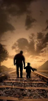 Father and child walking at sunset on a railroad.