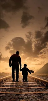 Silhouette of father and child walking on railway at sunset.