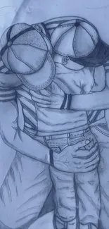 Emotional sketch of father hugging child in monochrome style.