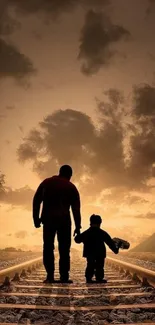 Father and child walking along train tracks against a sunset backdrop.