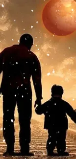 Father and child walk together on a railway track at sunset with a snowy sky backdrop.