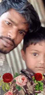 Father and child with roses in a warm setting.