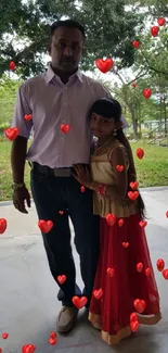 Father and daughter in a park with greenery.