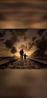 Father and son silhouette during sunset on railway tracks.