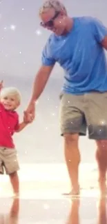 Father holding son's hand on beach at sunset.