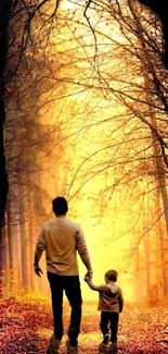 Father and son walking under golden autumn forest light.